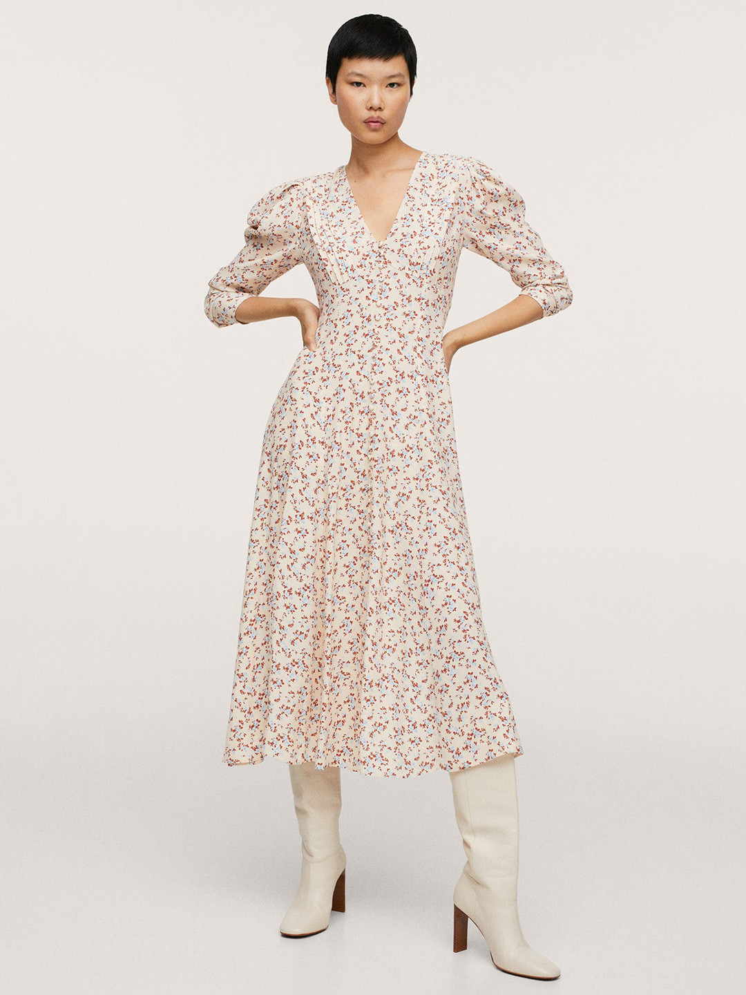 

MANGO Women Cream-Coloured & Brown Floral A-Line Midi Dress