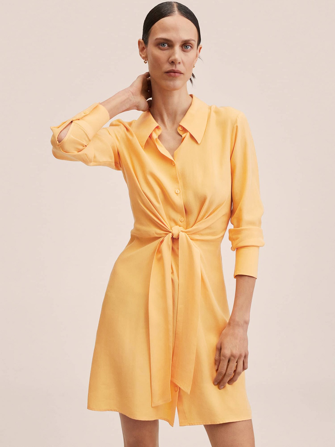 

MANGO Peach-Coloured Solid Belted Shirt Dress