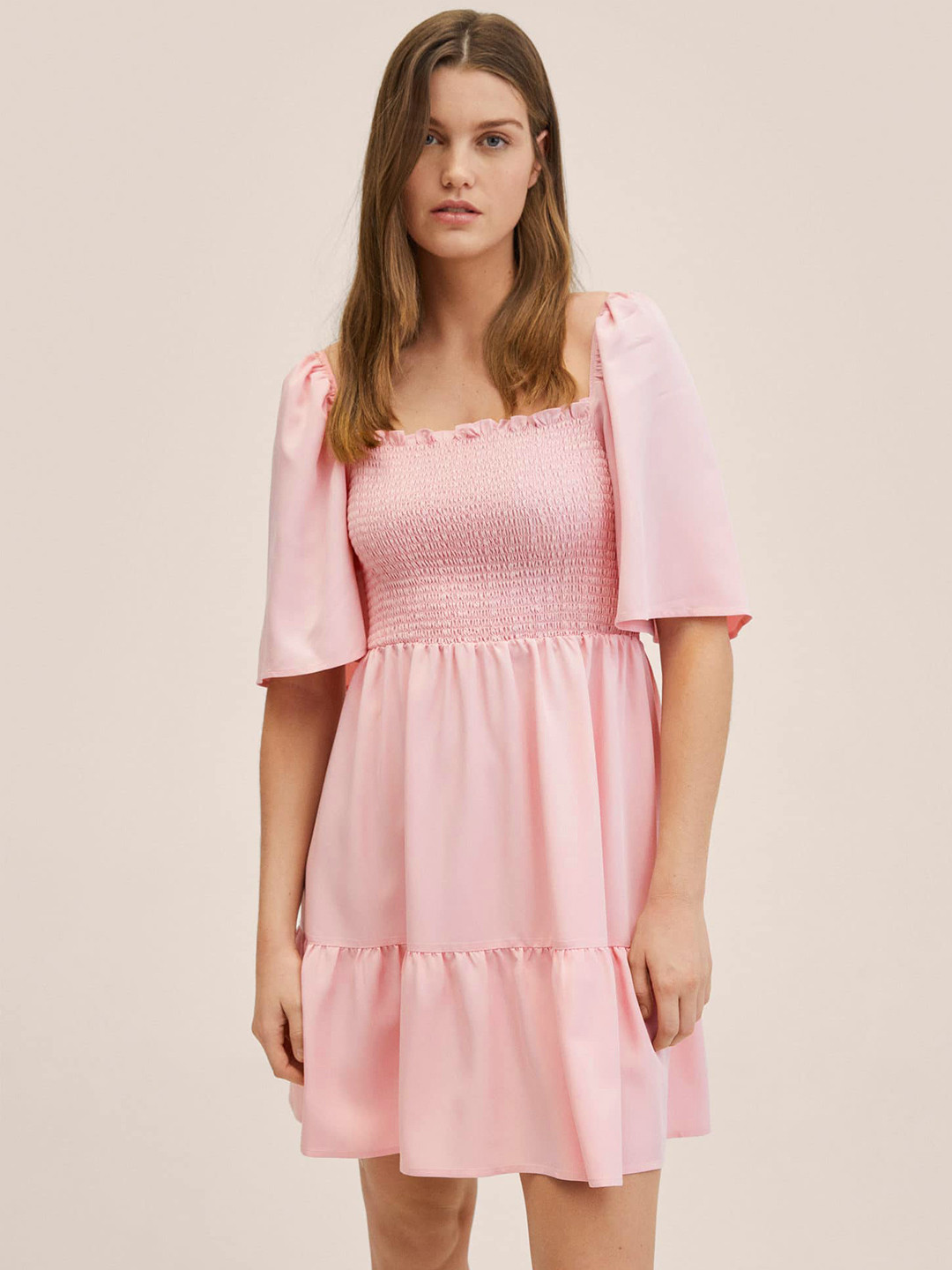 

MANGO Pink Solid Smocked Detail A-Line Dress