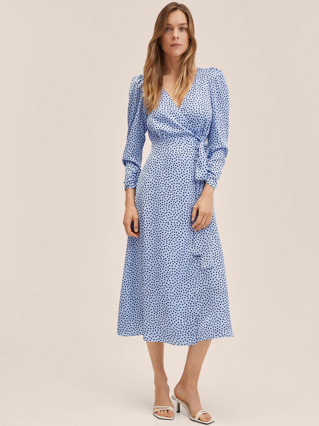 

MANGO Blue Polka Dots Print Wrap Midi Dress