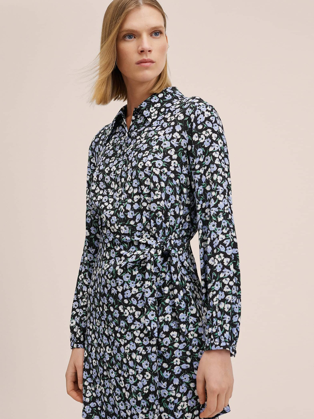 

MANGO Black & Blue Floral Shirt Dress