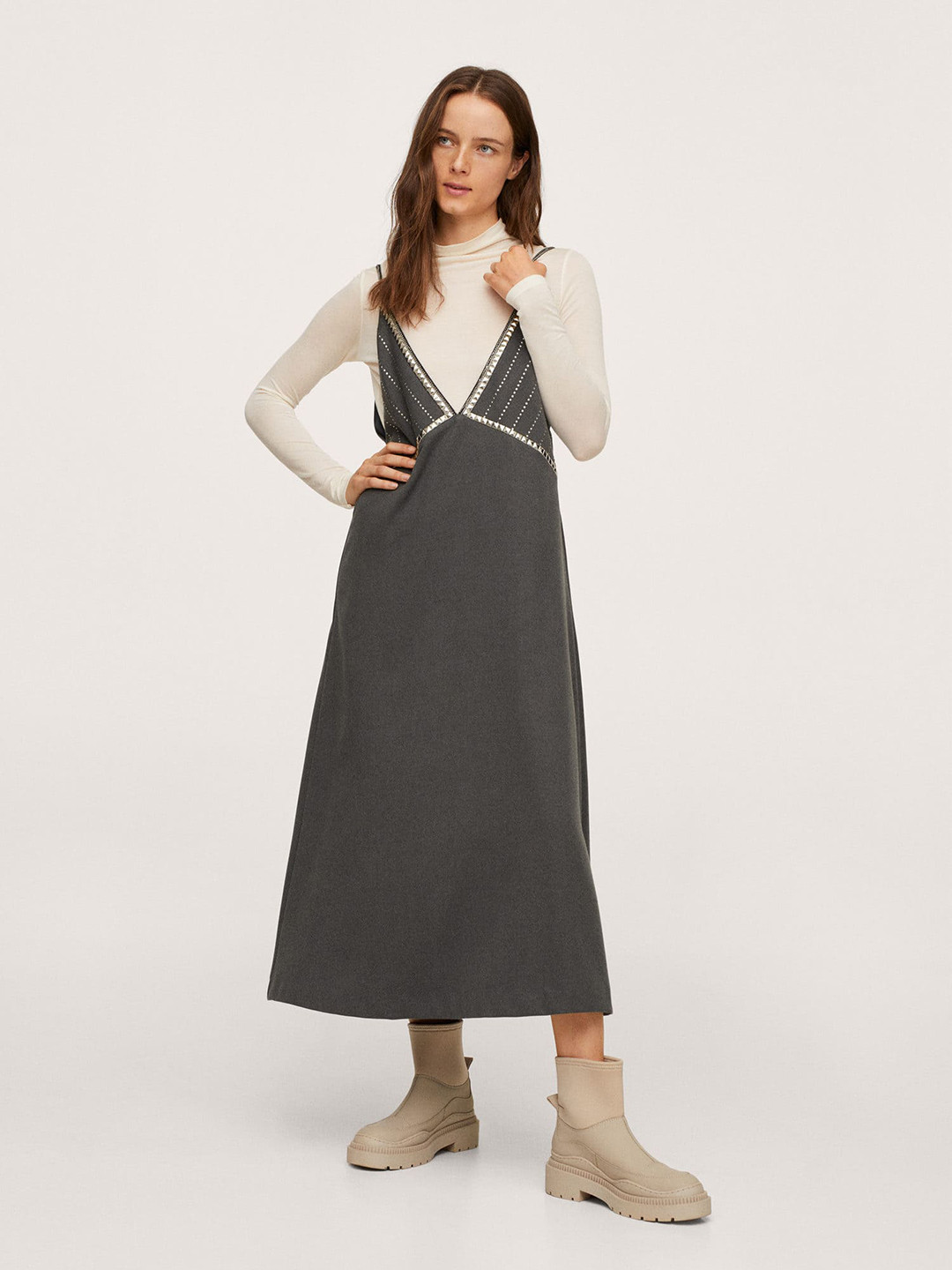 

MANGO Women Grey Embellished A-Line Midi Dress
