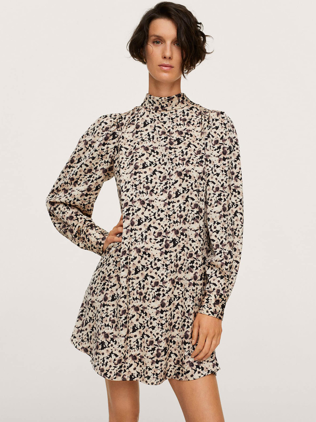 

MANGO Women Beige & Black Floral Tie-Up Neck A-Line Dress