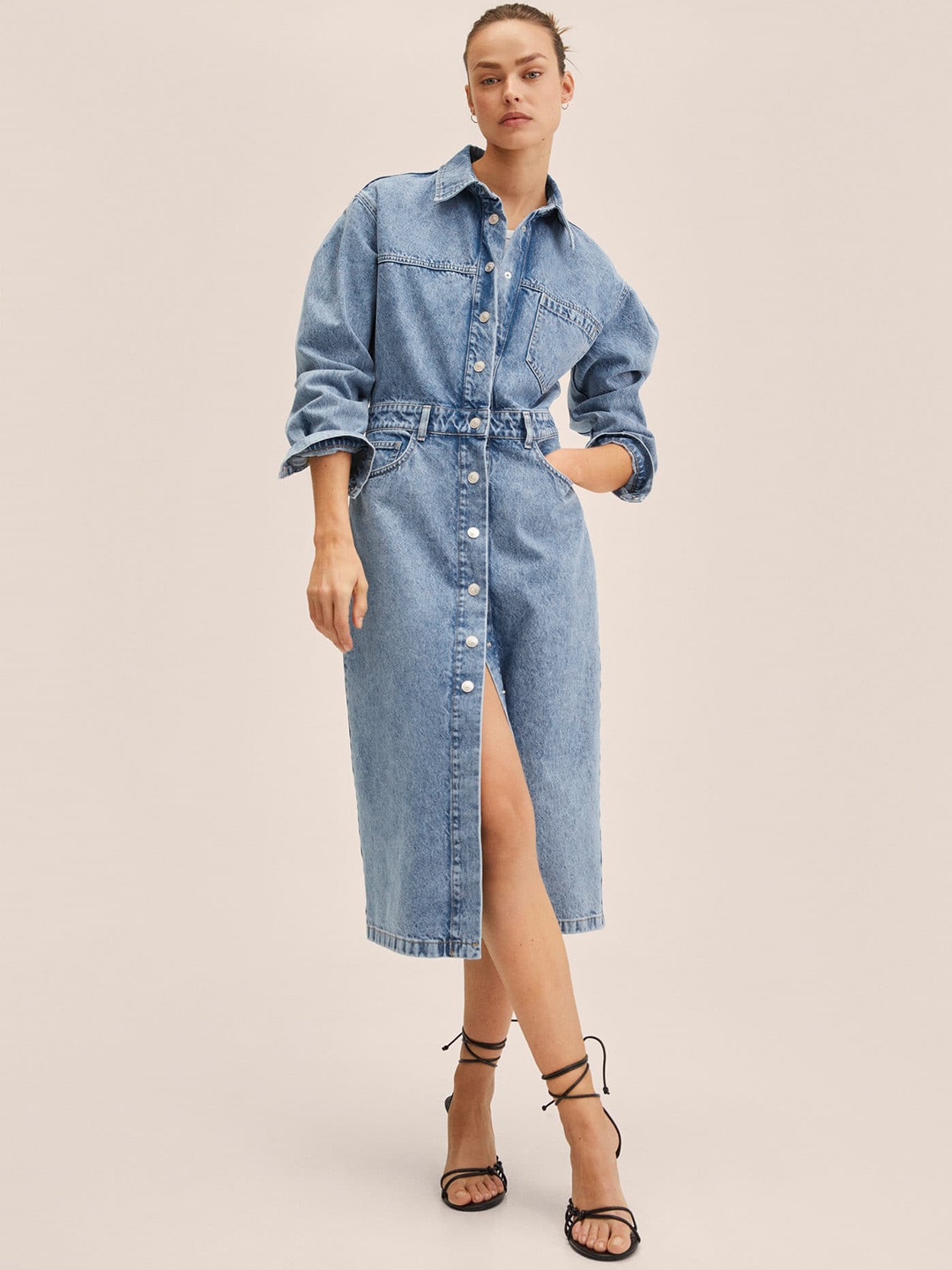 

MANGO Blue Solid Denim Shirt Midi Dress