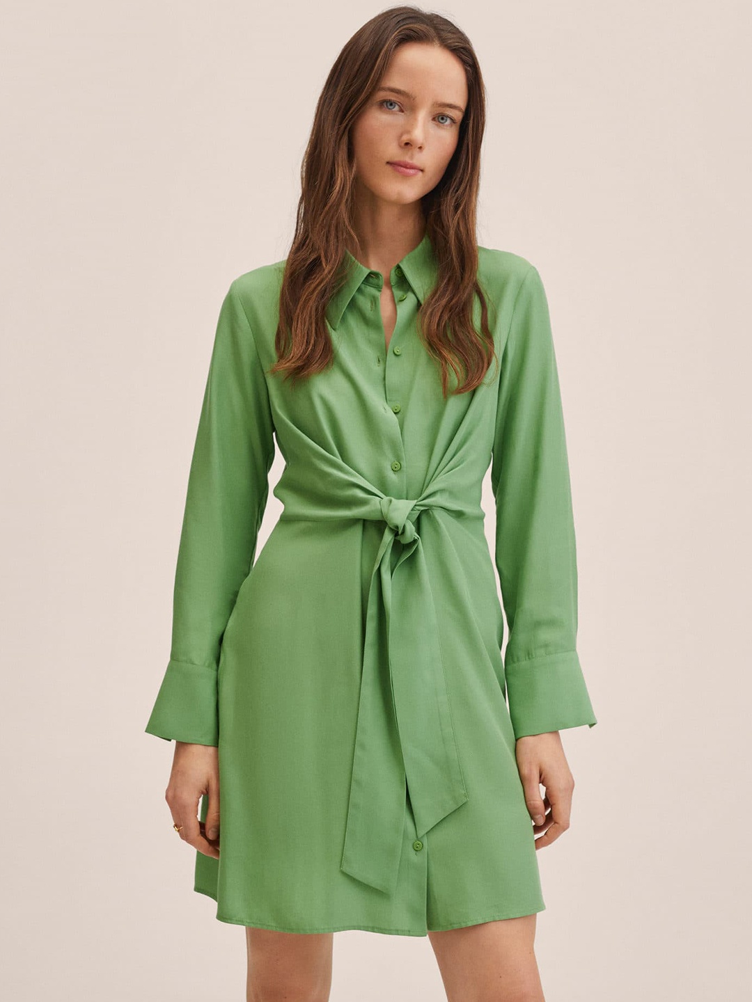 

MANGO Green Solid Belted Shirt Dress