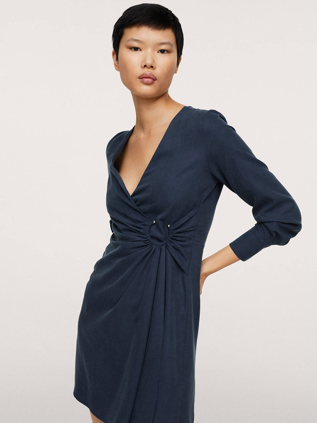 

MANGO Navy Blue Solid Wrap Mini Dress