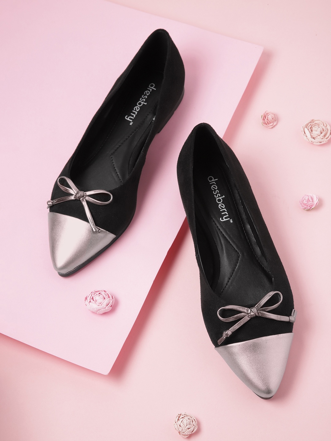 

DressBerry Women Black & Gun Metal-Toned Colourblocked Ballerinas with Bow & Suede Finish