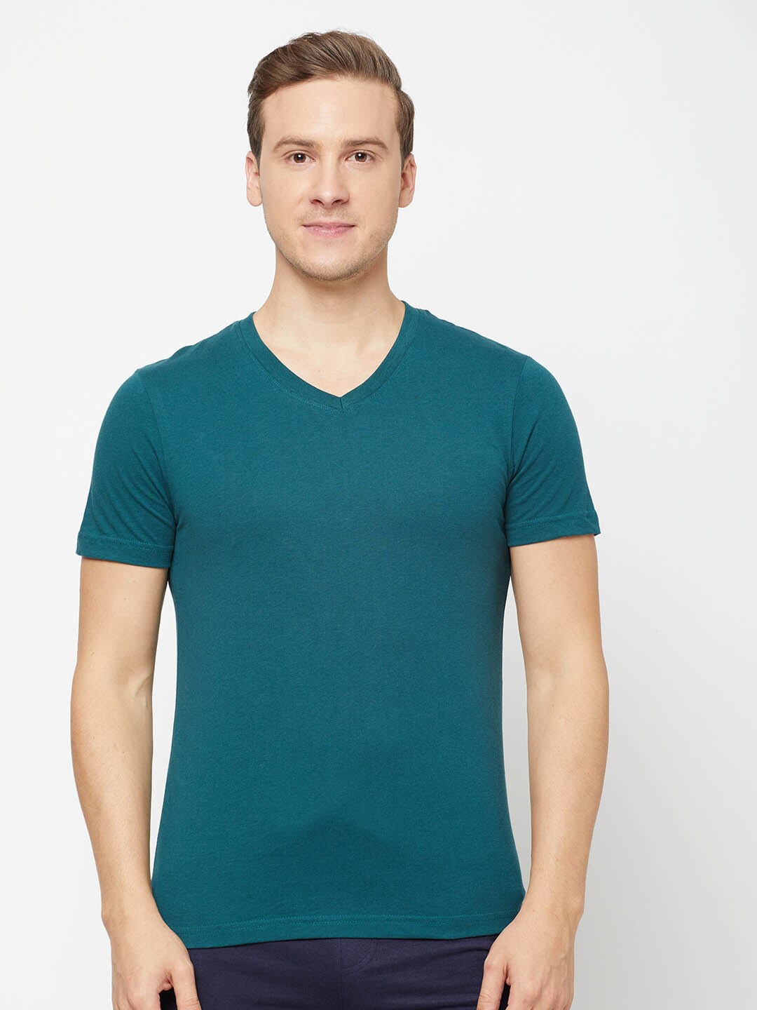 

SPORTO Men Turquoise Blue Solid V-Neck Cotton T-shirt