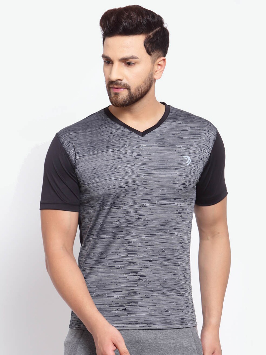 

SPORTO Men Black & Grey V-Neck Outdoor T-shirt