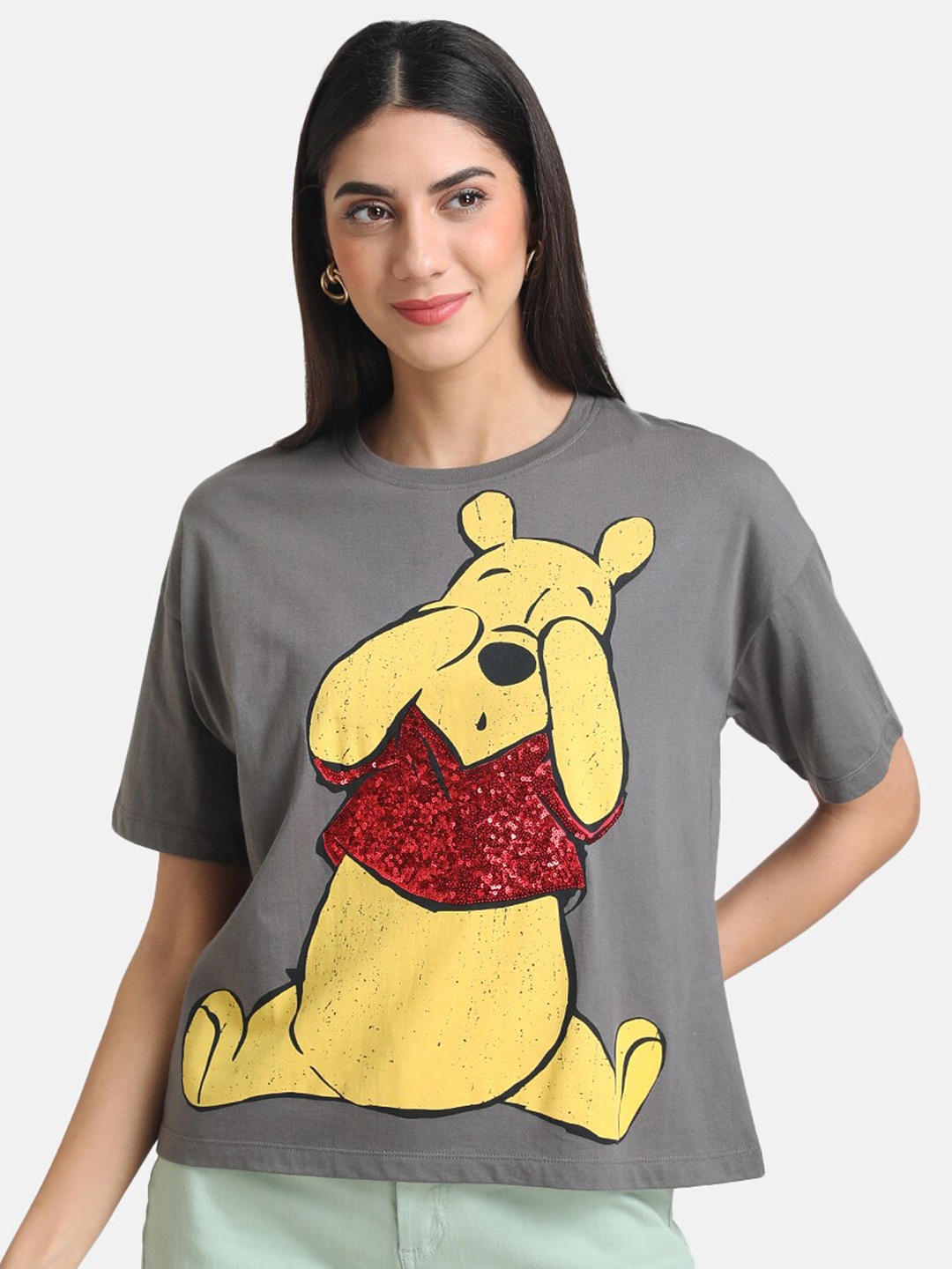 

Kazo Women Grey & Yellow Winnie The Pooh Printed Extended Sleeves Loose T-shirt