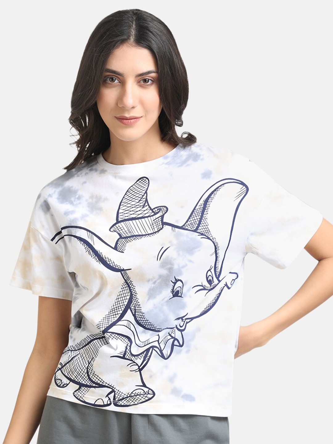 

Kazo Women Off White Printed Raw Edge Loose T-shirt