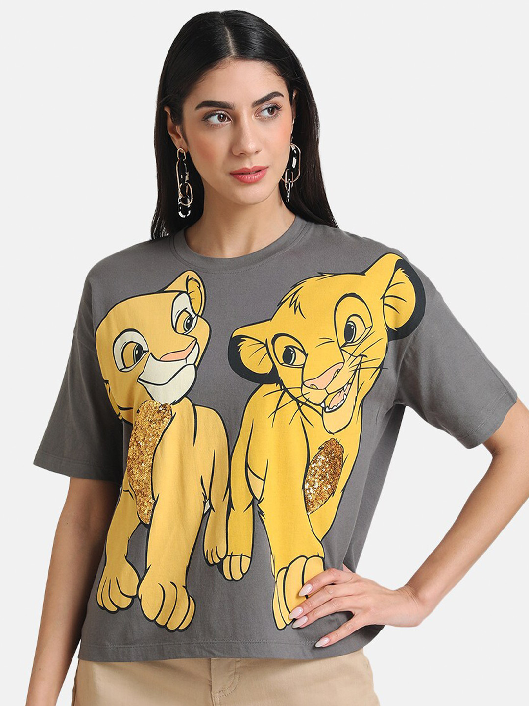 

Kazo Women Lion King Sequined Drop-Shoulder Sleeves Disney T-shirt, Grey