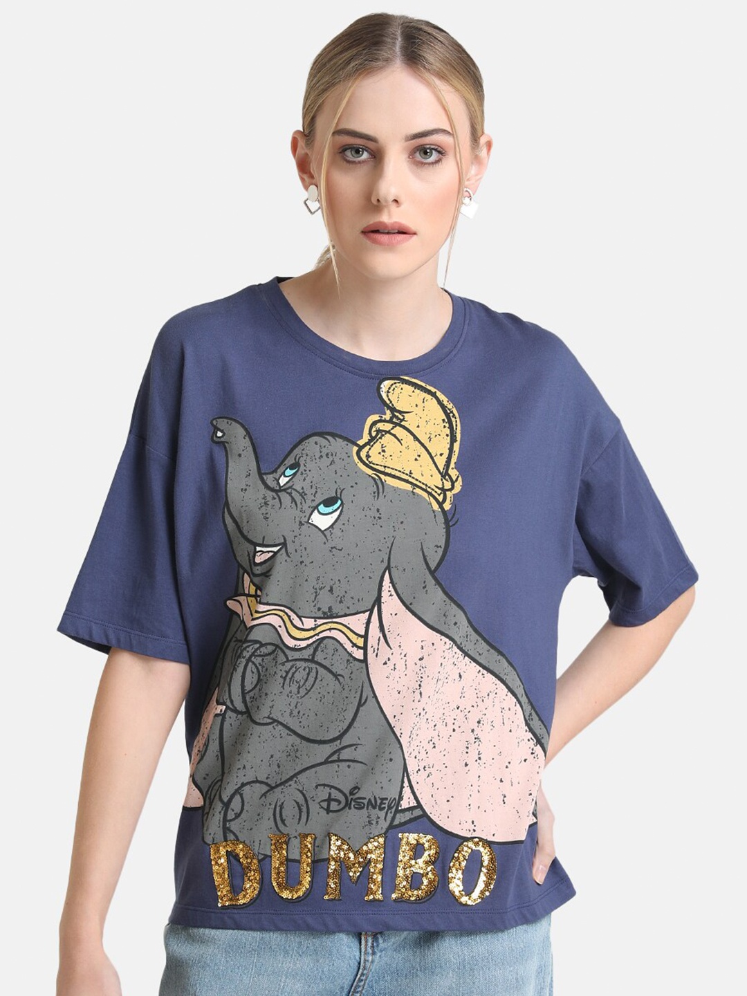 

Kazo Women Blue Disney Dumbo Graphic Printed Drop-Shoulder Sleeves Cotton Loose T-shirt