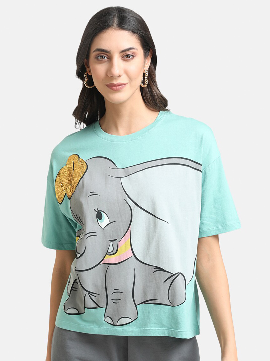 

Kazo Women Green Printed Loose Cotton T-shirt