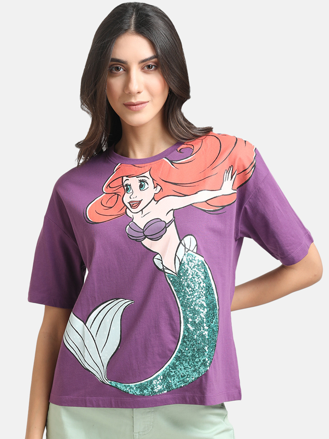 

Kazo Women Purple Graphic Printed Sequin Cotton T-shirt
