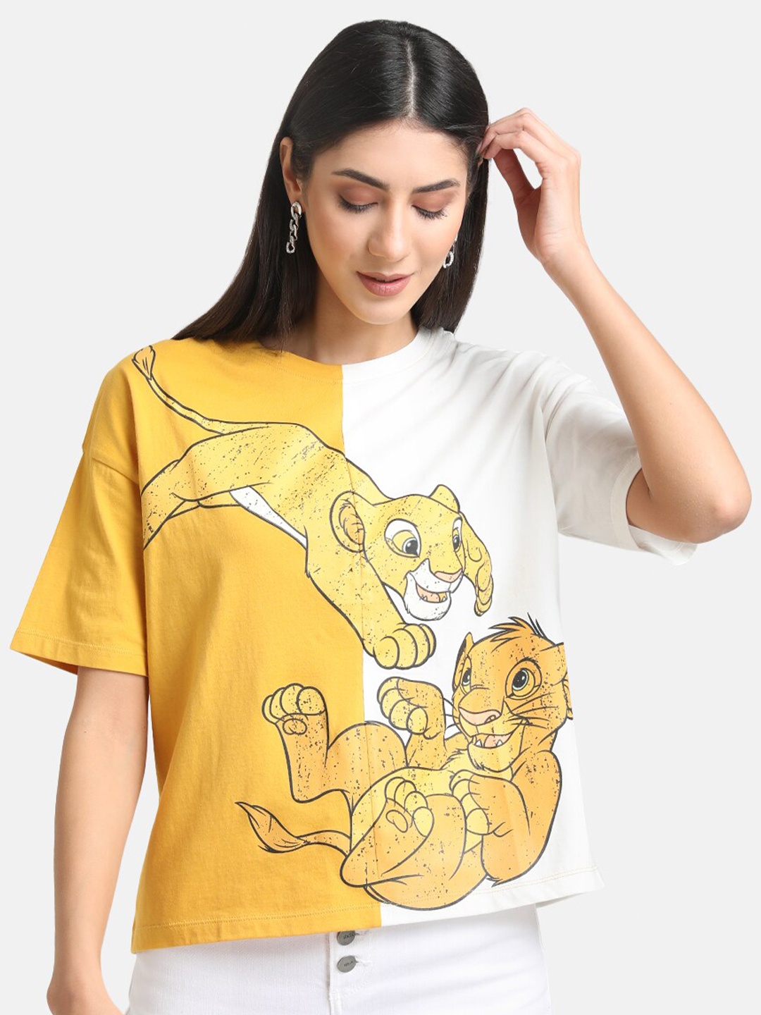 

Kazo Women White & Yellow Lion King Printed Extended Sleeves Loose T-shirt