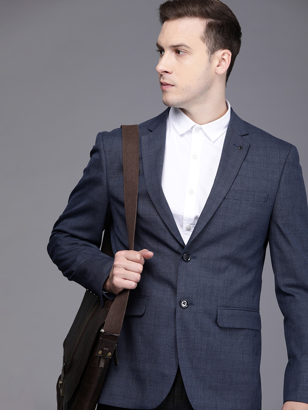 

Louis Philippe Men Navy Blue Checked Slim-Fit Single-Breasted Pure Cotton Blazer