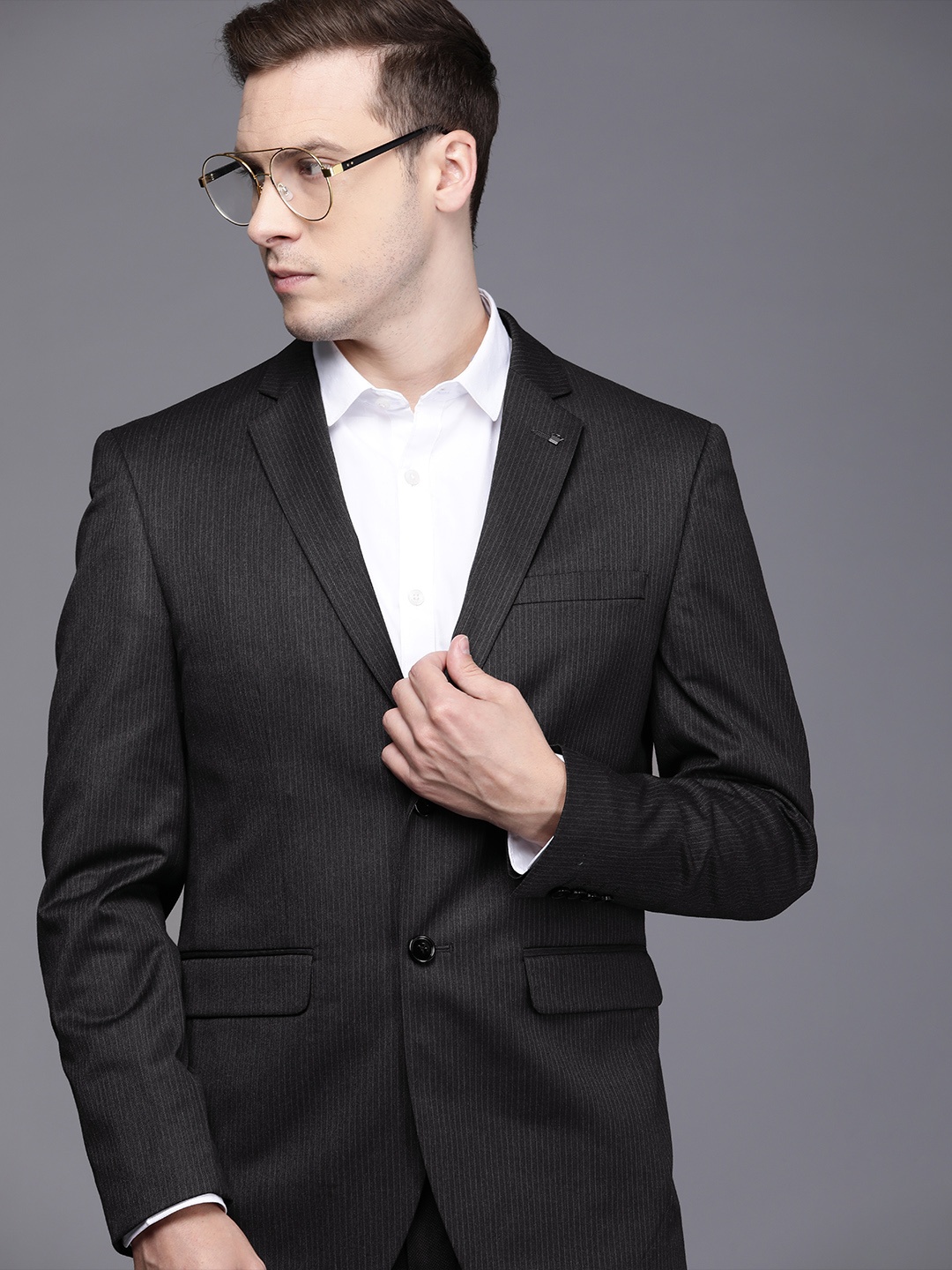 

Louis Philippe Men Black & Blue Striped Slim-Fit Single-Breasted Pure Cotton Blazer