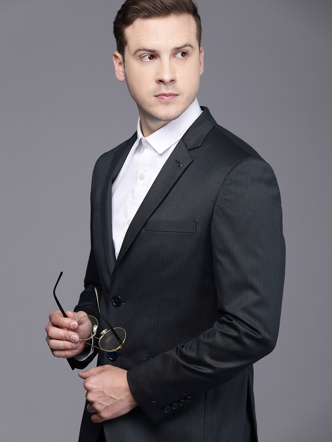 

Louis Philippe Men Navy Blue Striped Slim-Fit Single-Breasted Pure Cotton Blazer