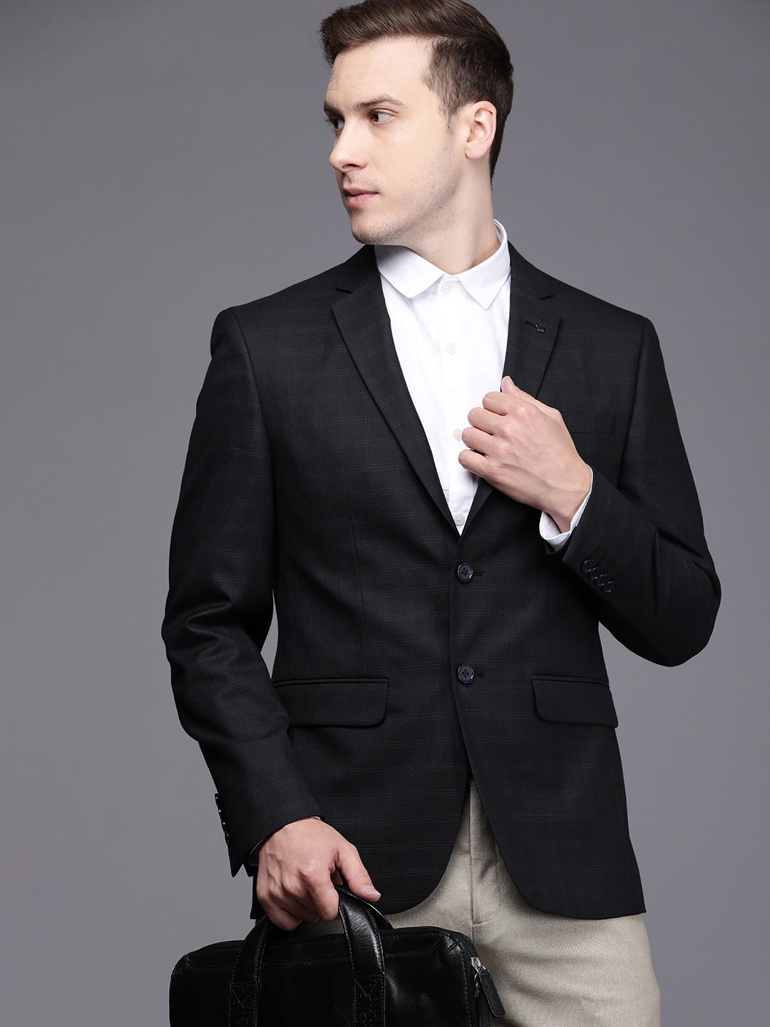 

Louis Philippe Men Navy-Blue Checked Single-Breasted Slim-Fit Formal Blazer