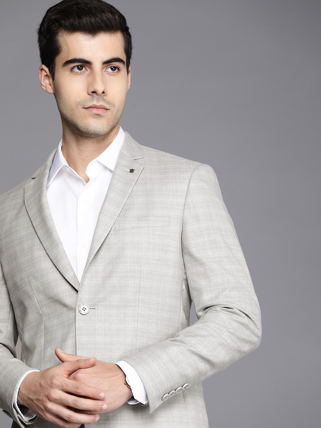 

Louis Philippe Men Grey Checked Single-Breasted Slim-Fit Casual Blazer