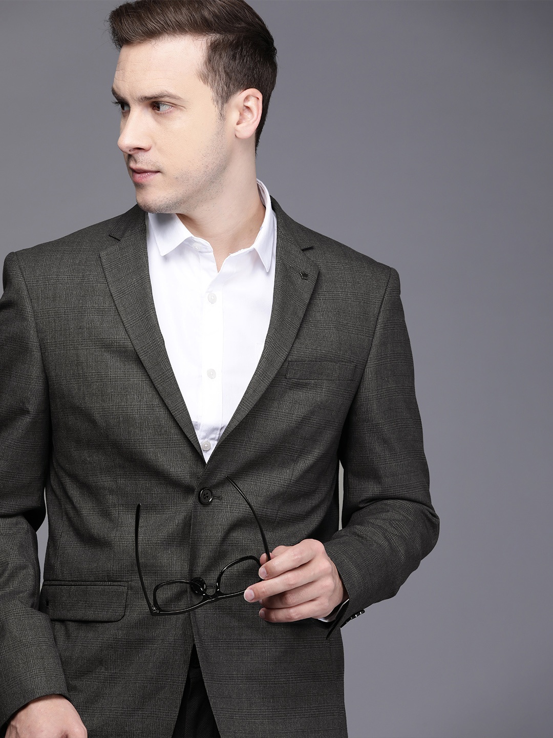 

Louis Philippe Men Grey Checked Slim-Fit Single-Breasted Pure Cotton Blazer