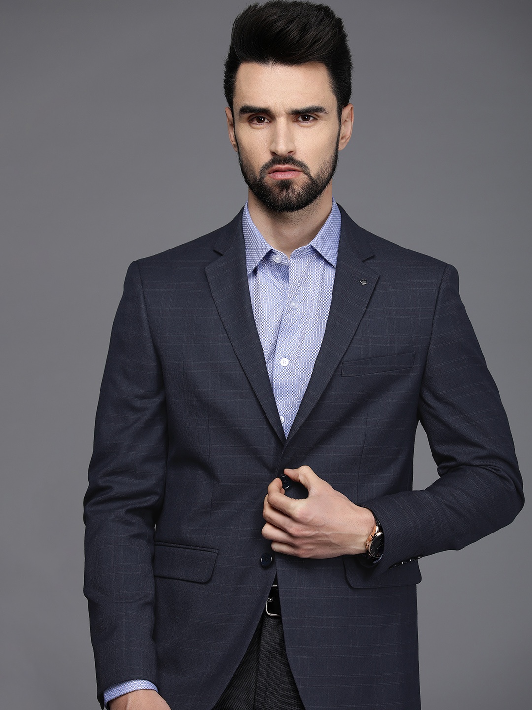 

Louis Philippe Men Navy Blue Checked Slim Fit Formal Blazer
