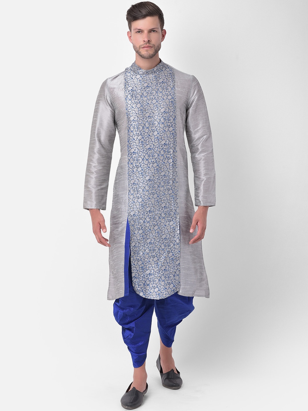 

DEYANN Men Grey Ethnic Motifs Printed Angrakha Dupion Silk Kurta with Pyjamas