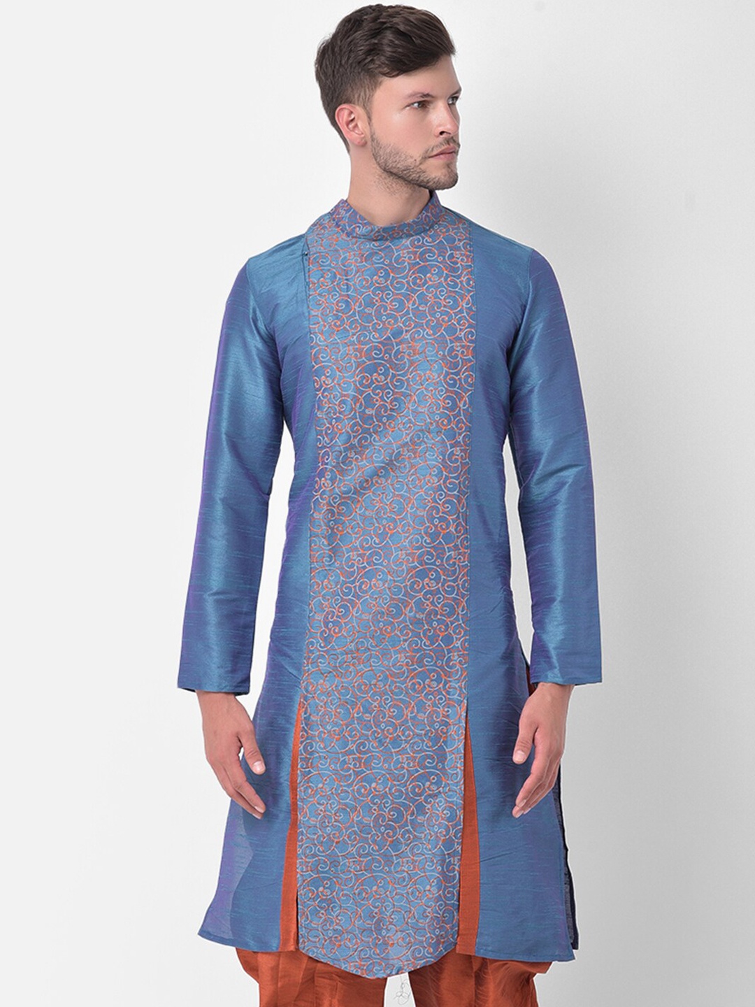 

DEYANN Men Blue Ethnic Motifs Self Design Dupion Silk Kurta With Dhoti Pants