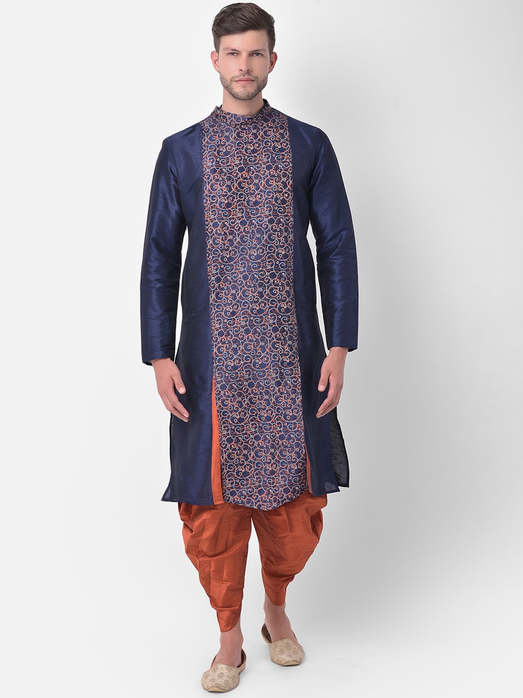 

DEYANN Men Navy Blue Ethnic Motifs Printed Dupion Silk A-line Kurta with Dhoti Pants