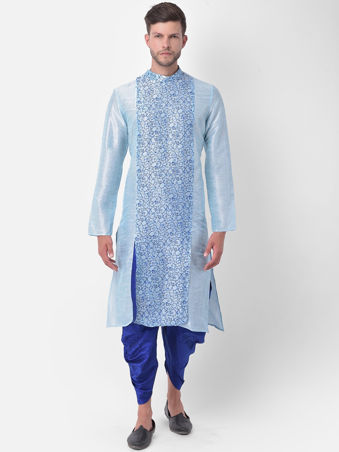 

DEYANN Men Blue Printed Angrakha Dupion Silk Kurta with Pyjamas