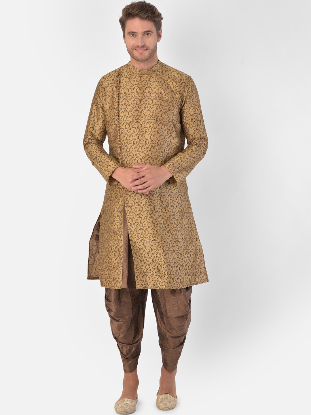 

DEYANN Men Brown Floral Angrakha Dupion Silk A-line Kurta with Dhoti Pants