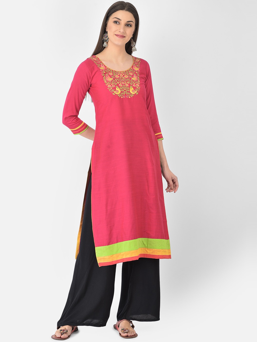 

Span Women Pink & Yellow Ethnic Motifs Embroidered Thread Work Kurta