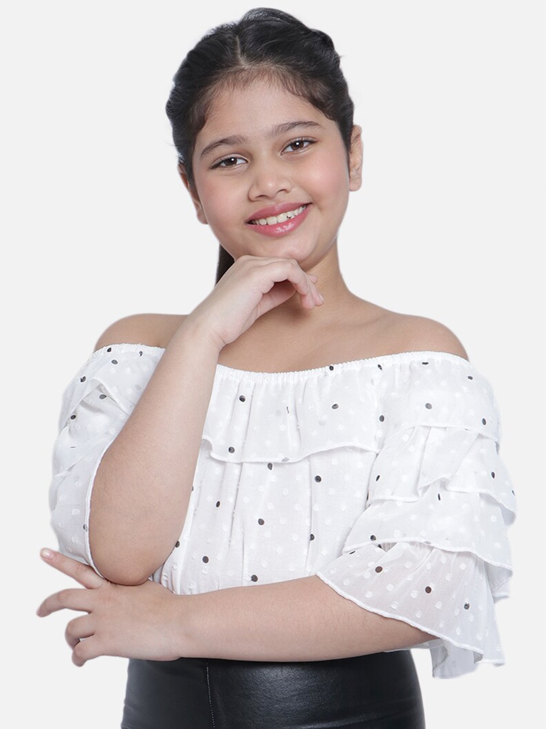 

Natilene Girls White Print Off-Shoulder Bardot Top