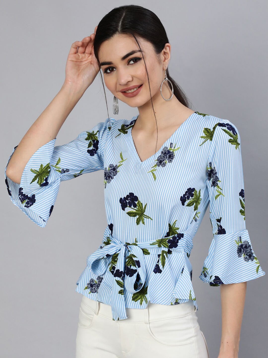 

AASI - HOUSE OF NAYO Blue & Green Floral Printed Crepe Peplum Top