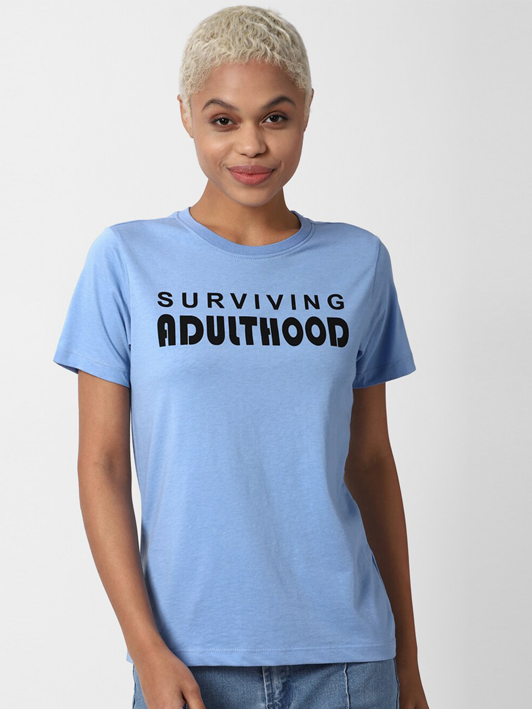 

FOREVER 21 Women Blue & Black Printed Round Neck Regular Top