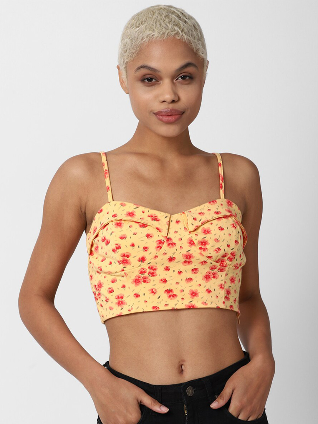 

FOREVER 21 Yellow Floral Printed Crop Bralette Top