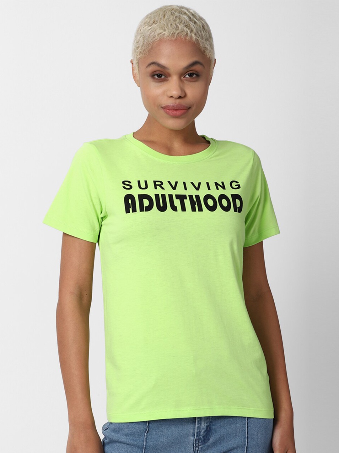 

FOREVER 21 Women Fluorescent Green & Black Printed Round Neck Regular Top