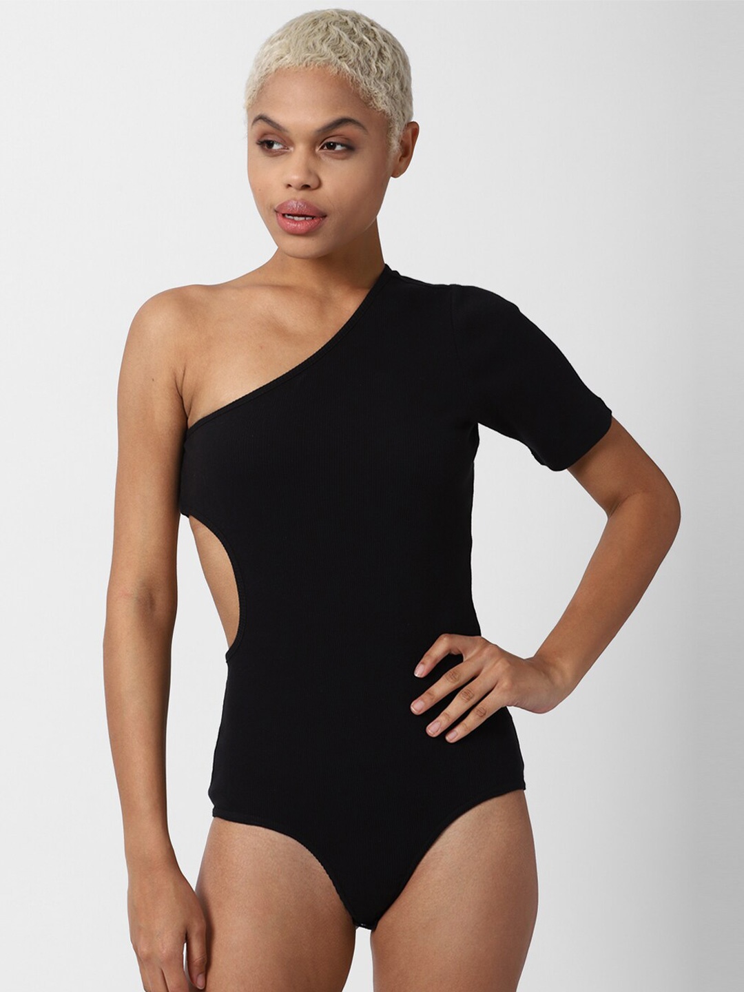 

FOREVER 21 Women Black Solid One Shoulder Pure Cotton Bodysuit
