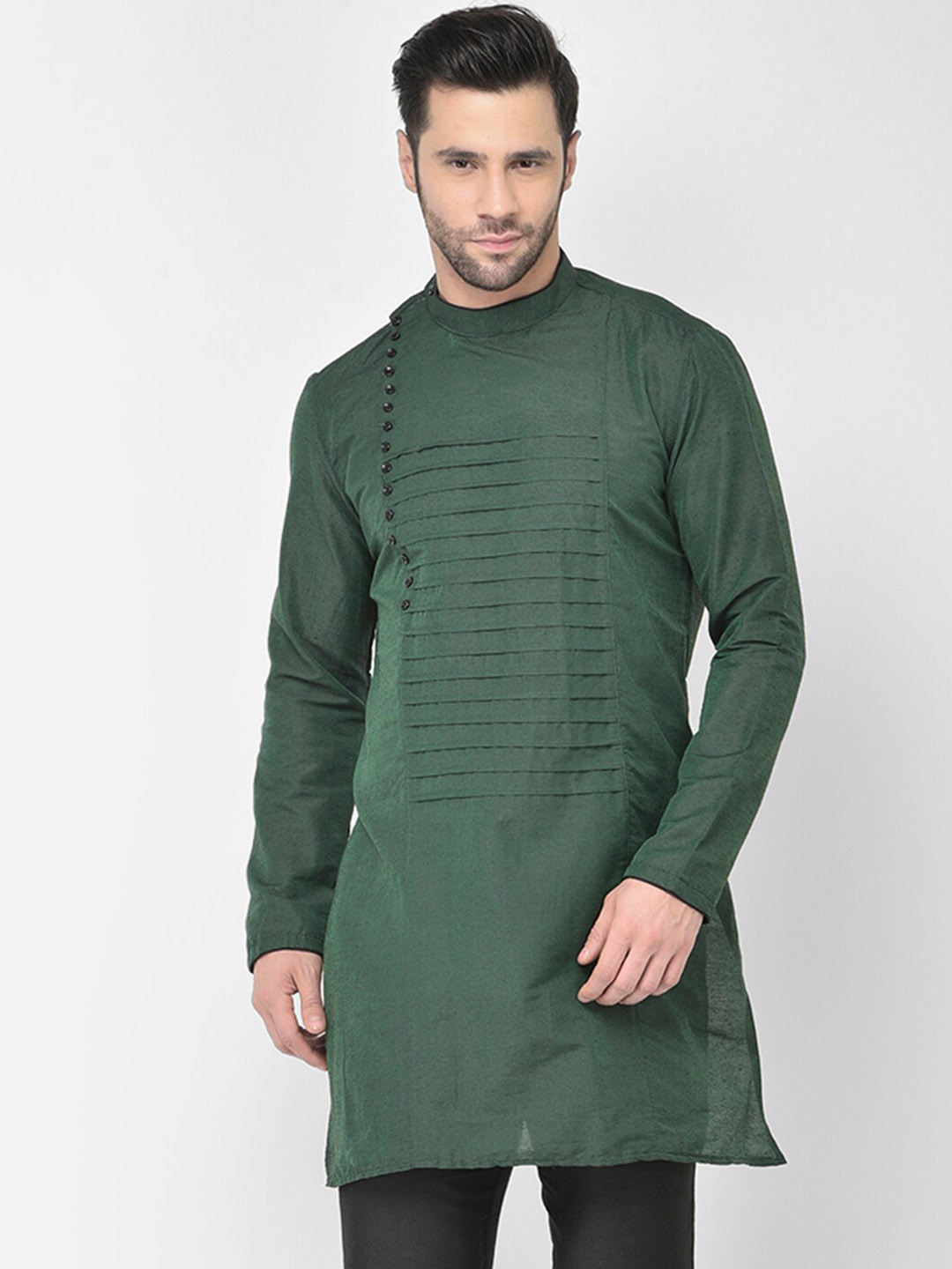 

DEYANN Men Olive Green & Black Self Design Cotton Blend Angrakha Kurta with Trousers Set