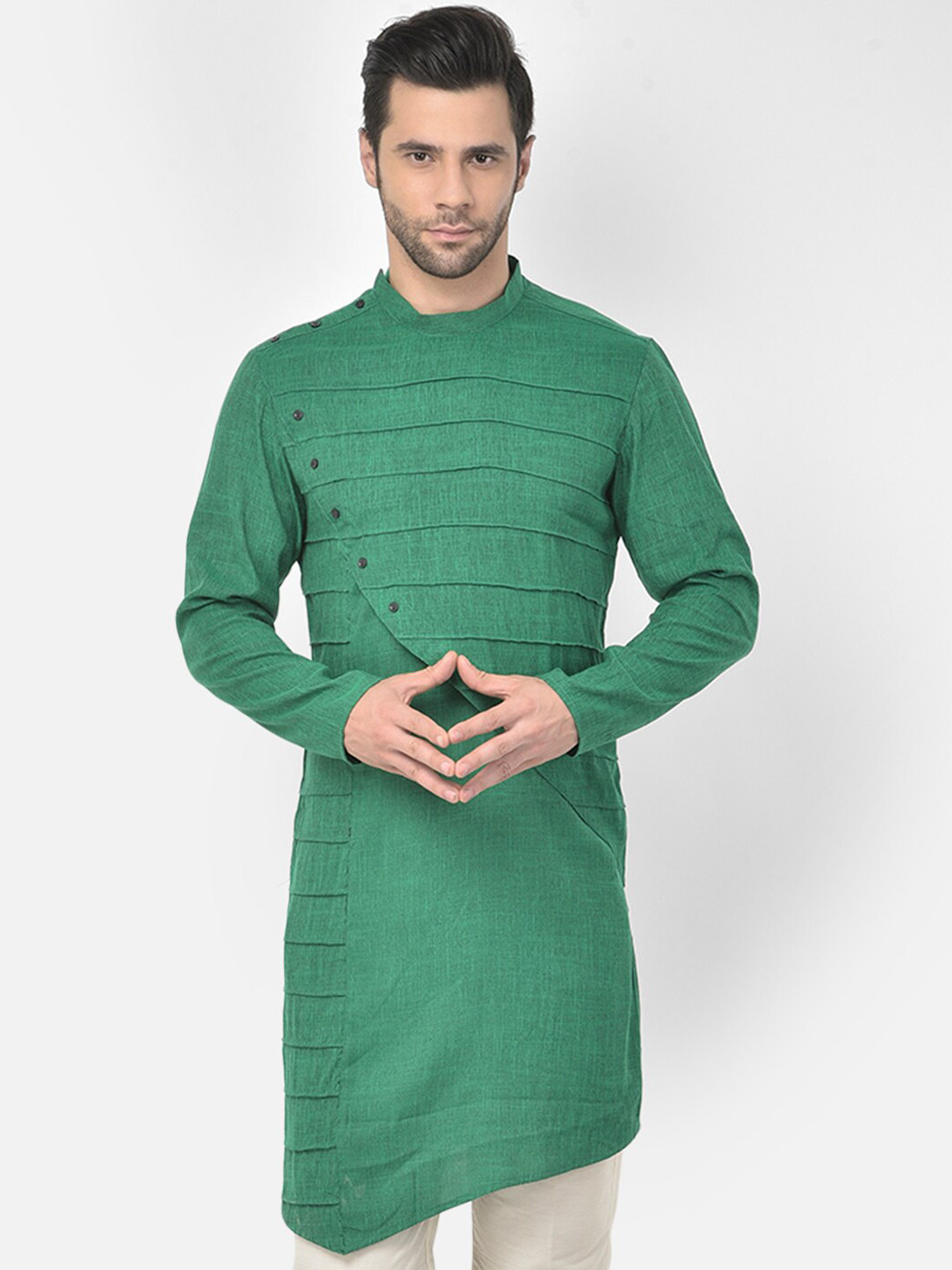

DEYANN Men Green & White Self Design Cotton Blend Angrakha Kurta with Trousers Set