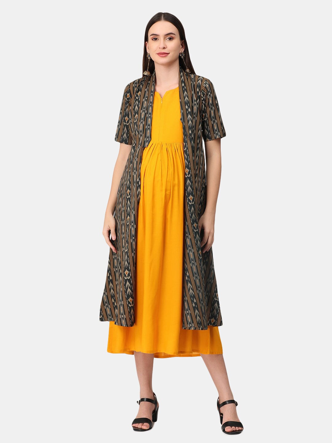

The Mom Store Maternity Women Mustard Yellow & Black Printed A-Line Midi Dress