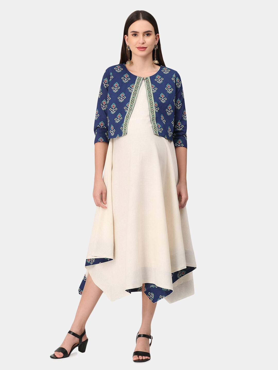 

The Mom Store Cream-Coloured & Navy Blue Maternity A-Line Cotton Midi Dress with Jacket