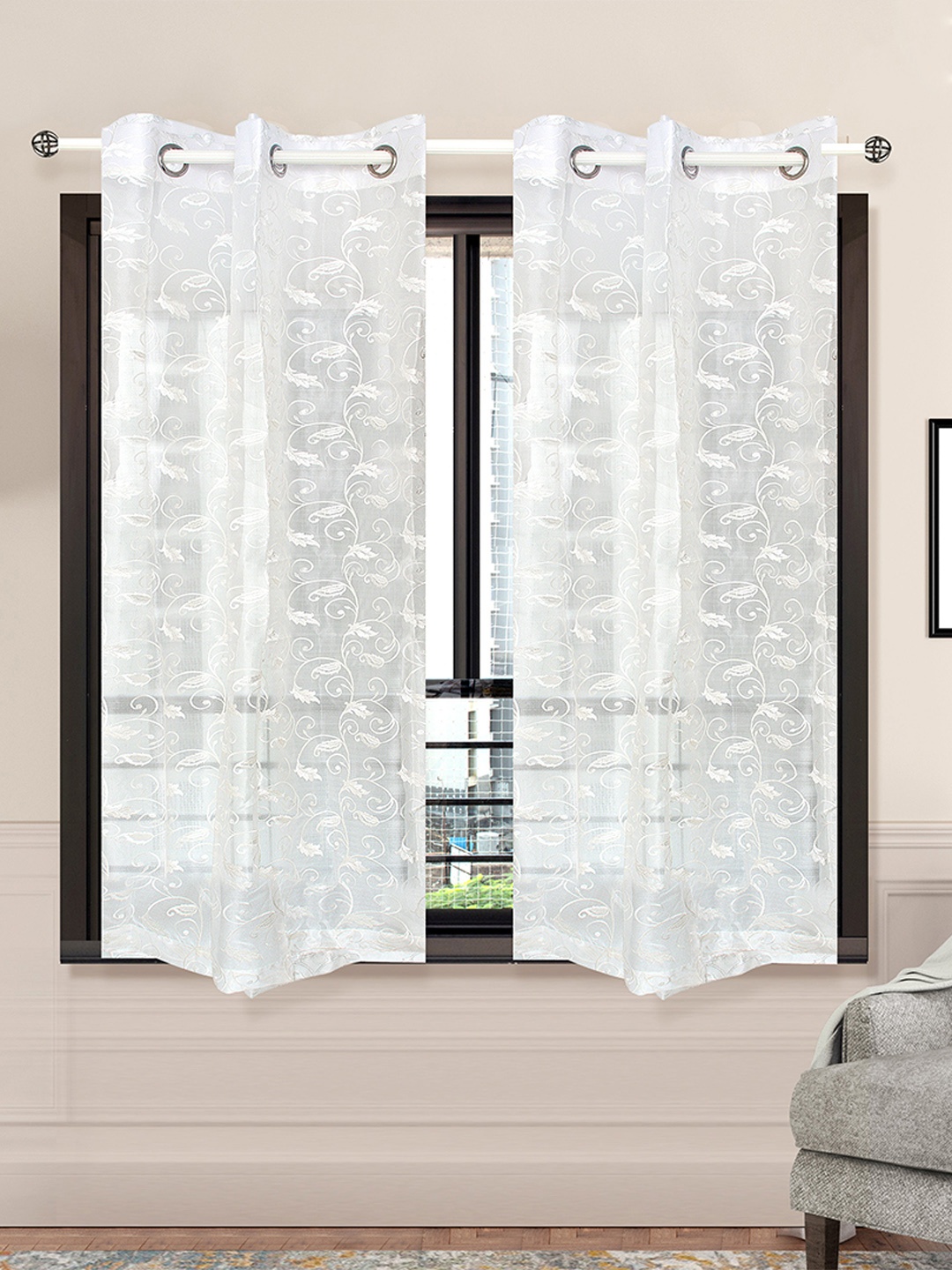 

Athome by Nilkamal White Set of 2 Embroidered Silk Window Curtain