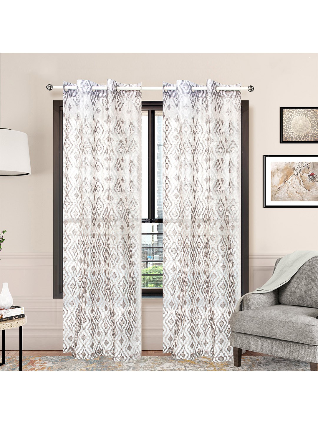 

Athome by Nilkamal Set Of 2 Grey & Beige Geometric Silk Sheer Door Curtain