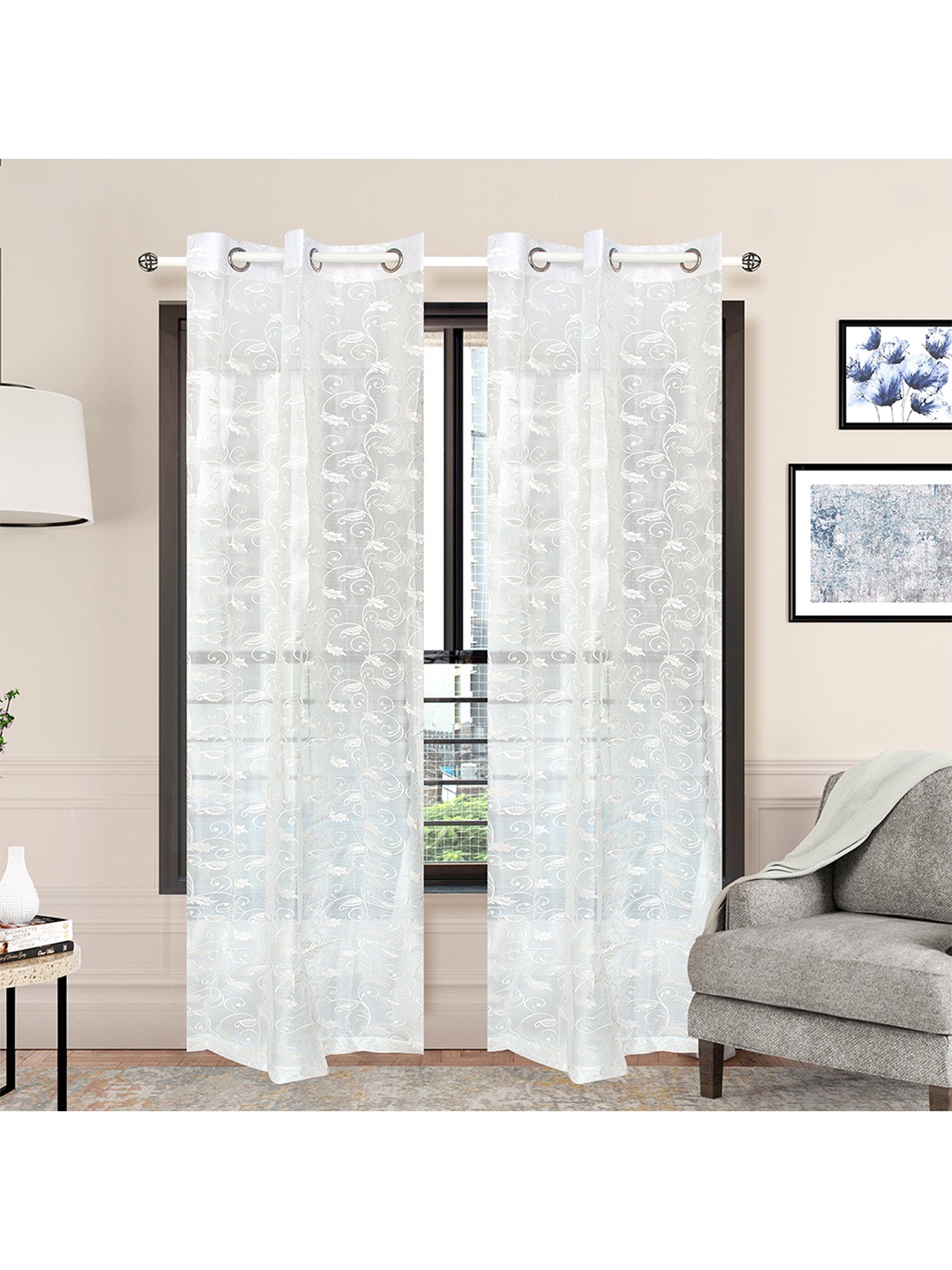 

Athome by Nilkamal White Set of 2 Floral Sheer Door Curtain