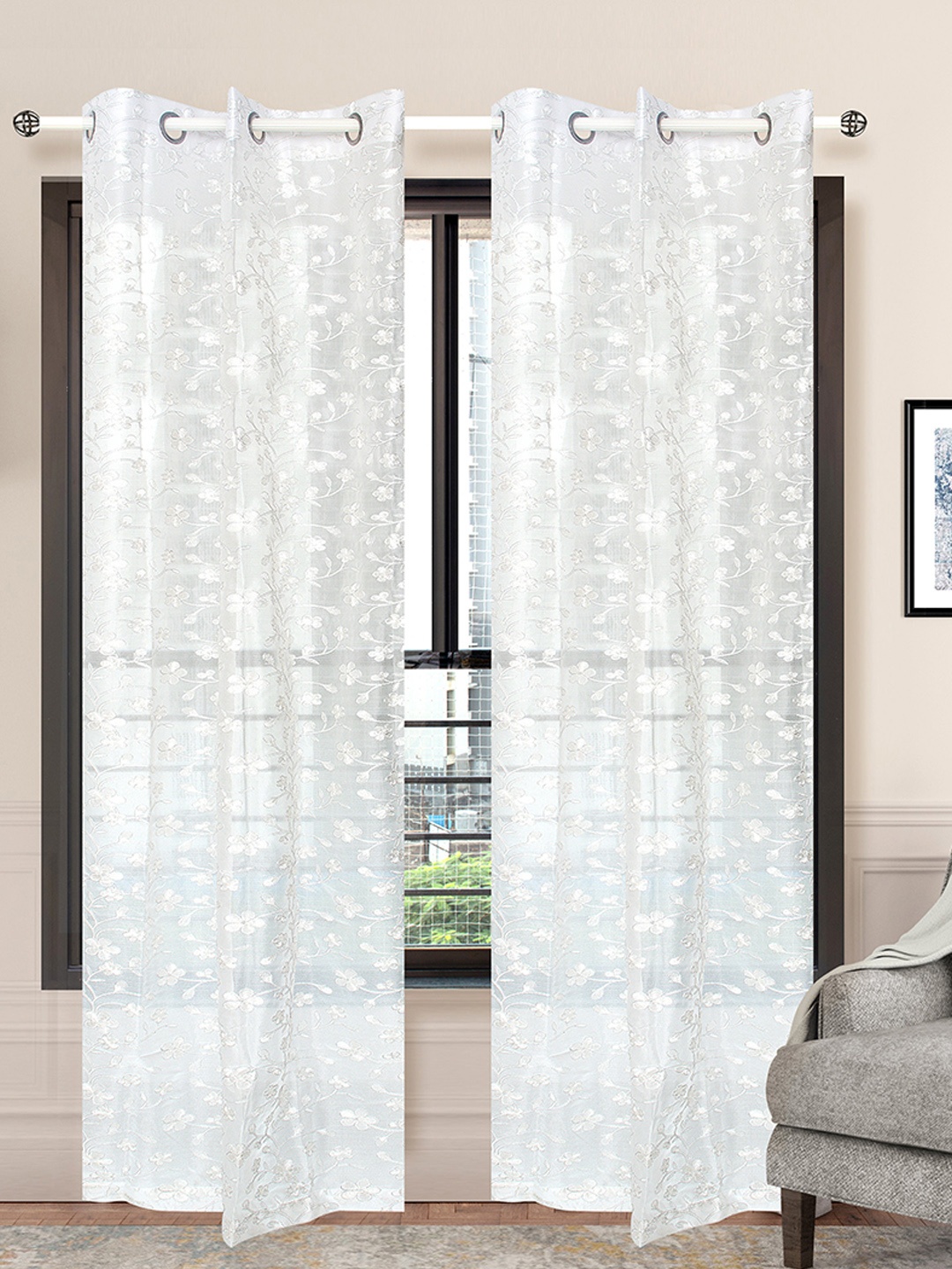 

Athome by Nilkamal White Set of 2 Silk Floral Door Curtain
