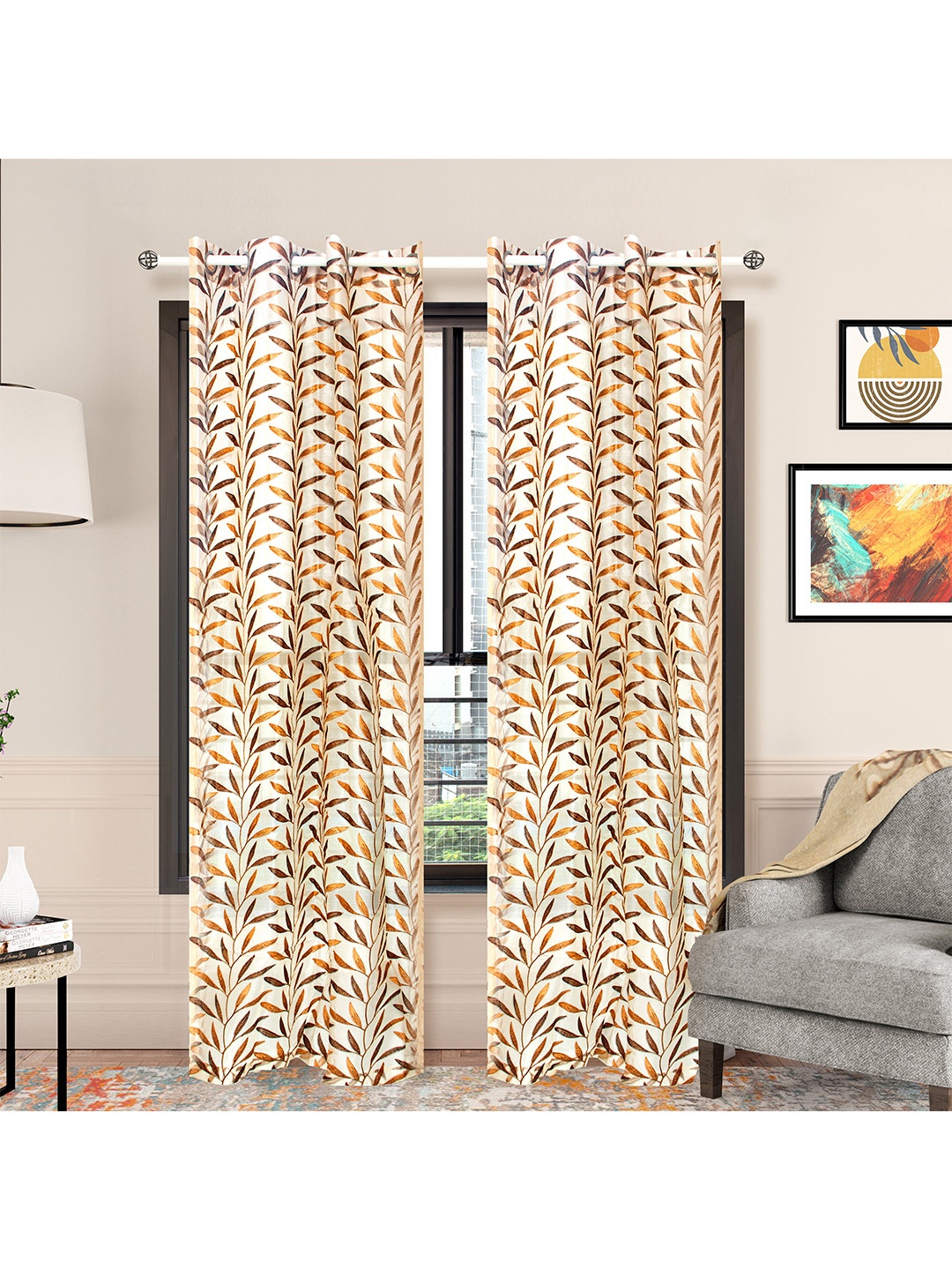 

Athome by Nilkamal Set of 2 Beige & Brown Floral Silk Sheer Door Curtain