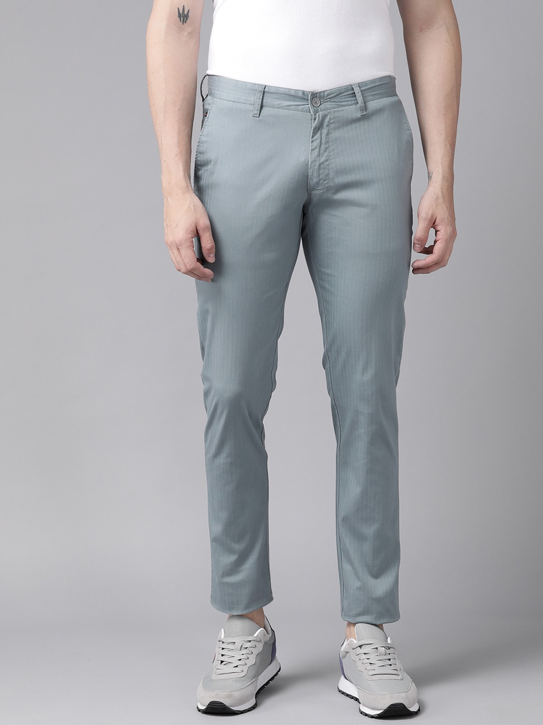 

Blackberrys Men Sea Green Self-Striped Low-Rise Trousers