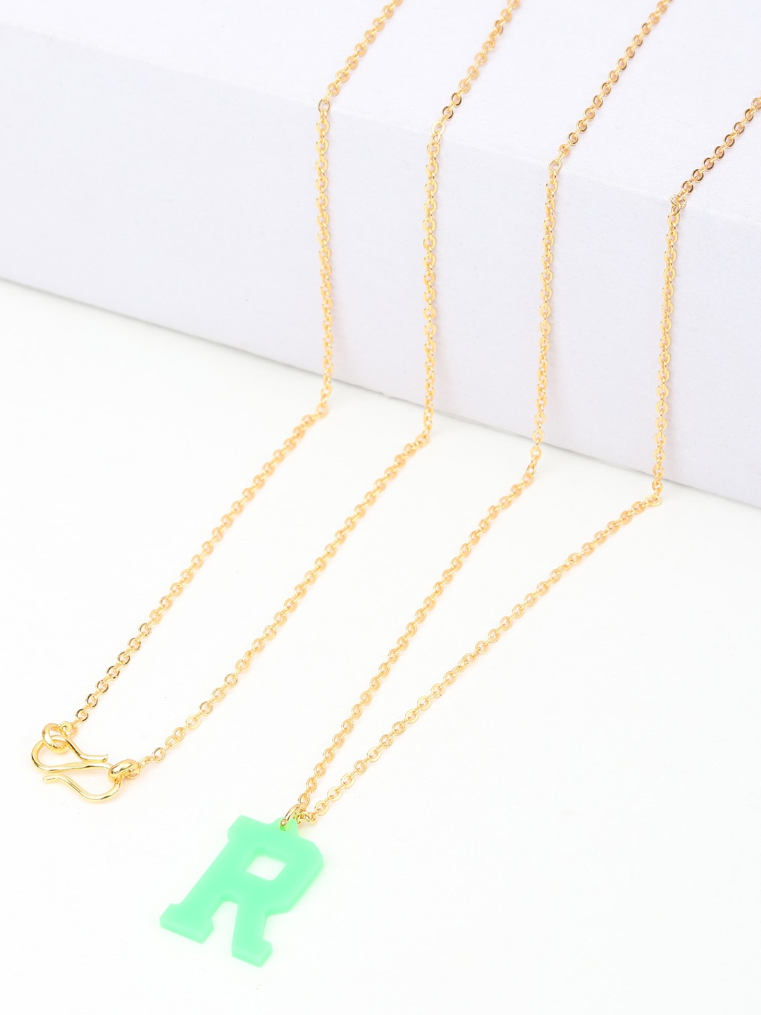 

Goldnera Women Gold Plated & Green R Letter Pendant With Chain